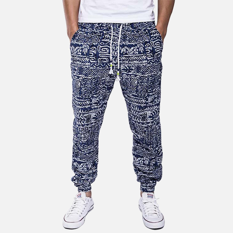 Hawaiian Men's Floral Print Cotton Linen Long Harem Pants Blue Drawstrings Pockets Man Trousers Summer Streetwear Joggers Male 201116