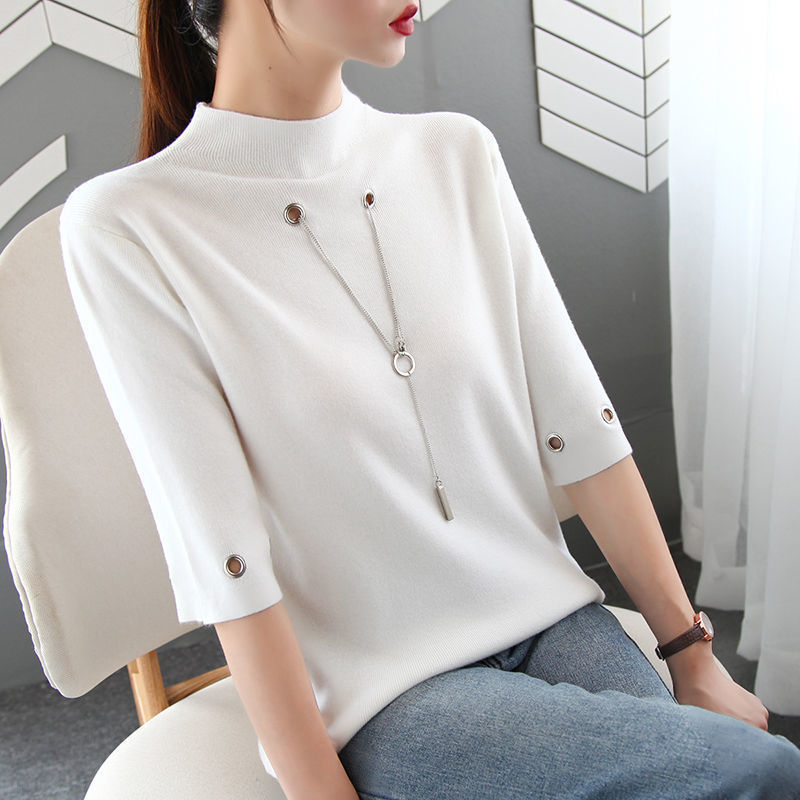 Middle Sleeve Turtleneck Sweater Women Hollow Chain Knitted Sweater Loose Casual Women's Autumn New Female Patchwork 201111wtt