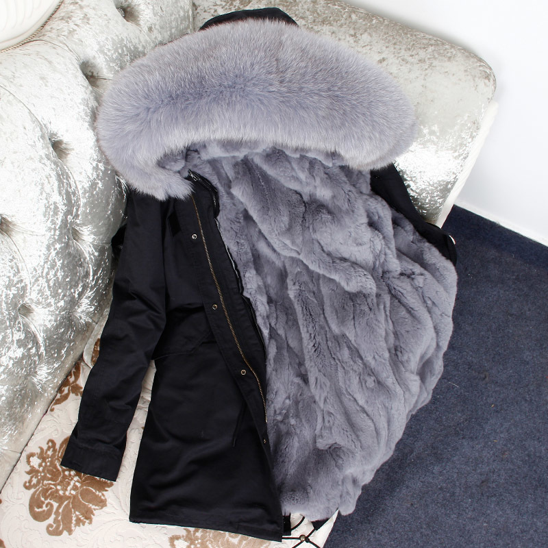 Women Pure cotton jacket real rabbit lined long jacket new collar park's coats fur coat 201016