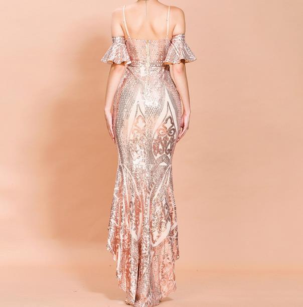 Rose Gold Color Evening Dresses High Lo Mermaid Sequins Elegant Prom Dress Mother of Bride Dresses Cheap Stock Evening Gown