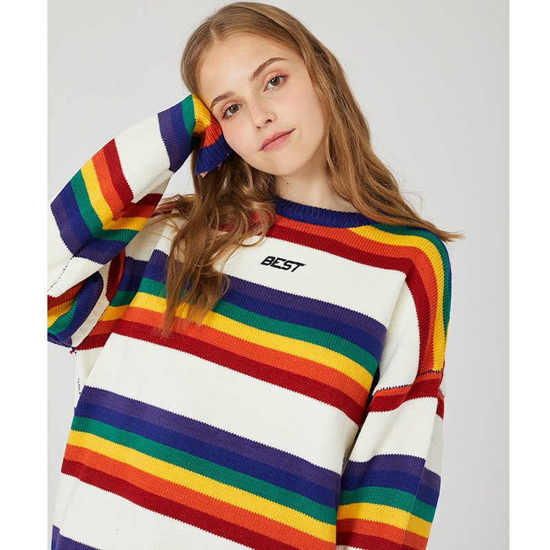 Harajuku Retro Rainbow Knitted Striped Sweater Mens Hip Hop Pullover Sweater Streetwear Male Fashion Autumn Sweater Cotton 201118