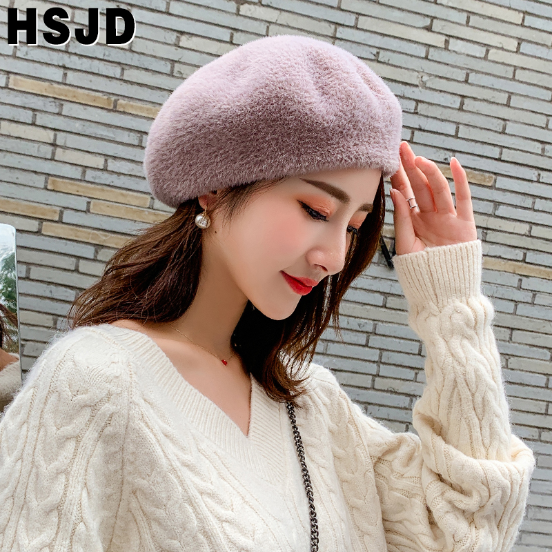 Autumn Winter Women Berets French Classic Solid Color Plush Mink Cashmere Beret Hat Winter Warm Knitting Hats Female Walking Cap 201009