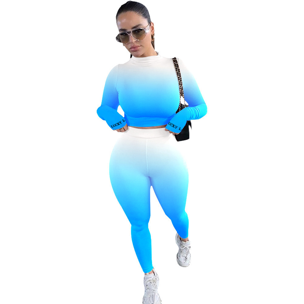 Women Two Piece Set Designer pants Sexy Gradient Long Sleeve T Shirts Tight Trouser Outfits Plus Size Ladies Fashion Casual Clothing Fall