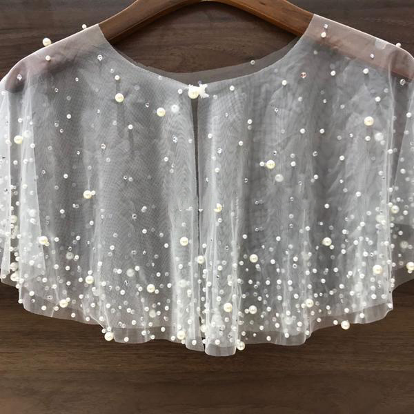 Designer New White Ivory Short Wraps Pearls Beading Top Bridal Bolero Illusion Custom Made Shawl Jackets