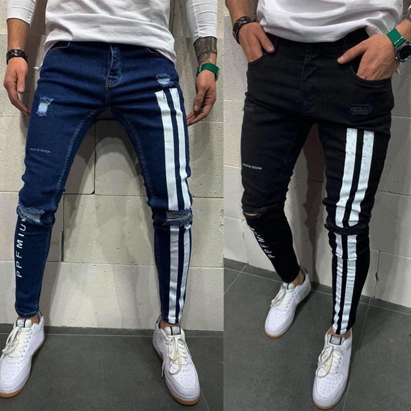 Men's Jeans Men Skinny Denim Biker Side Striped Mens Ripped Pants Destroyed Hole Scratched Zipper Slim Fit Jean Trousers