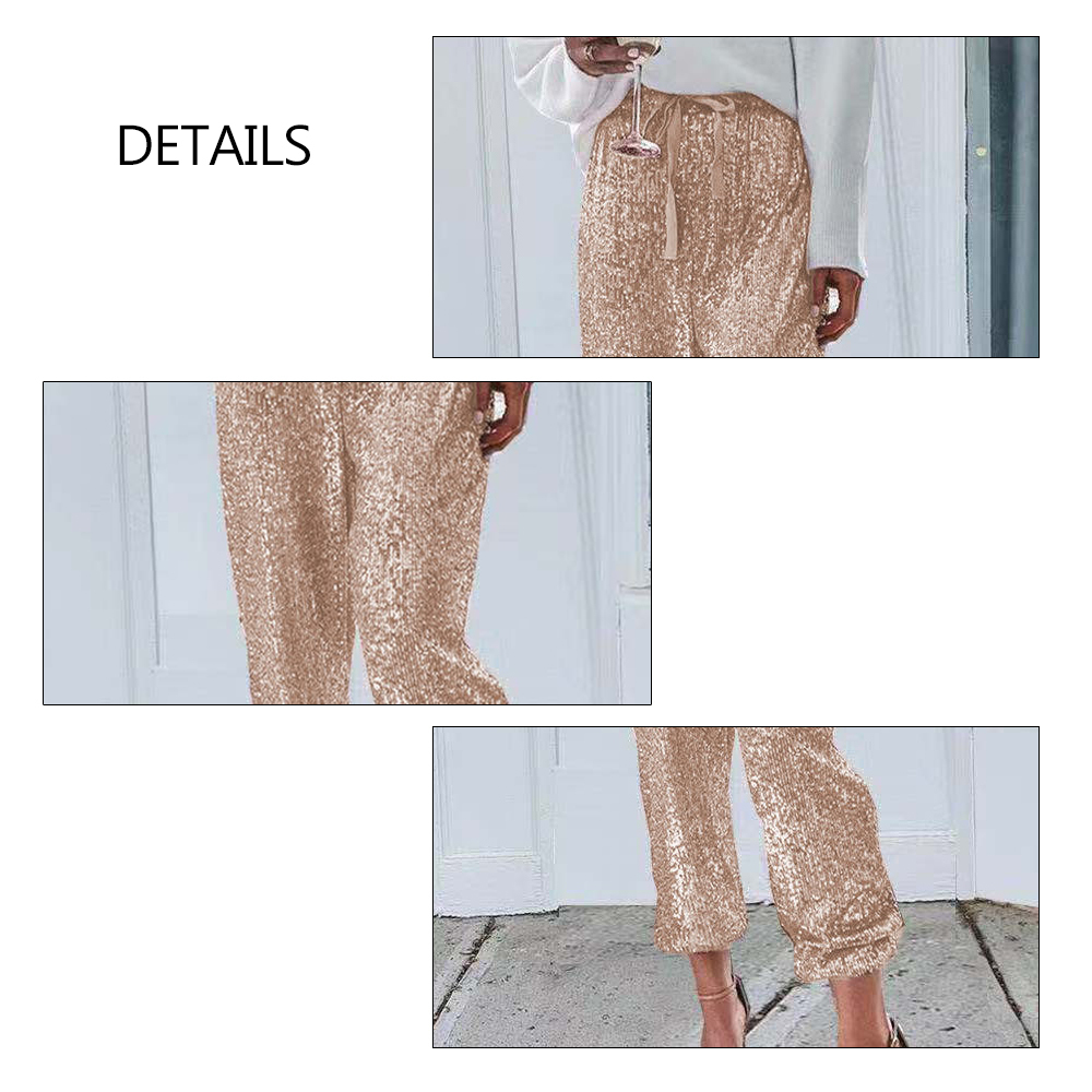 Sexy Sequined Cargo Pants Glitter Shiny High Waist Casual Party Ladies Sweatpants Belt Casual Elastic Straight Loose Trouser 201228