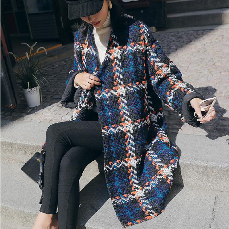 LANMREM autumn and winter fashion plaid warm vneck allmatch woolen coat Women's Midlength overtheknee loose coat 2A905 201112