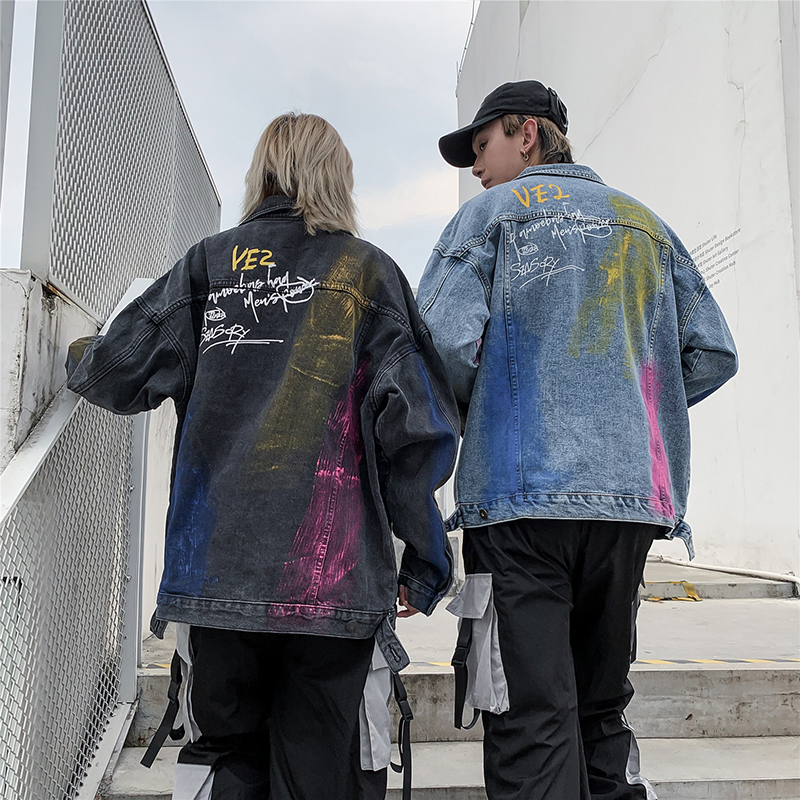 Men Denim Jacket Rainbow Graffiti Fire Flame Print Mens Cowboy Jacket Single Breasted Hip Hop Male Jackets and Coats Streetwear T200502