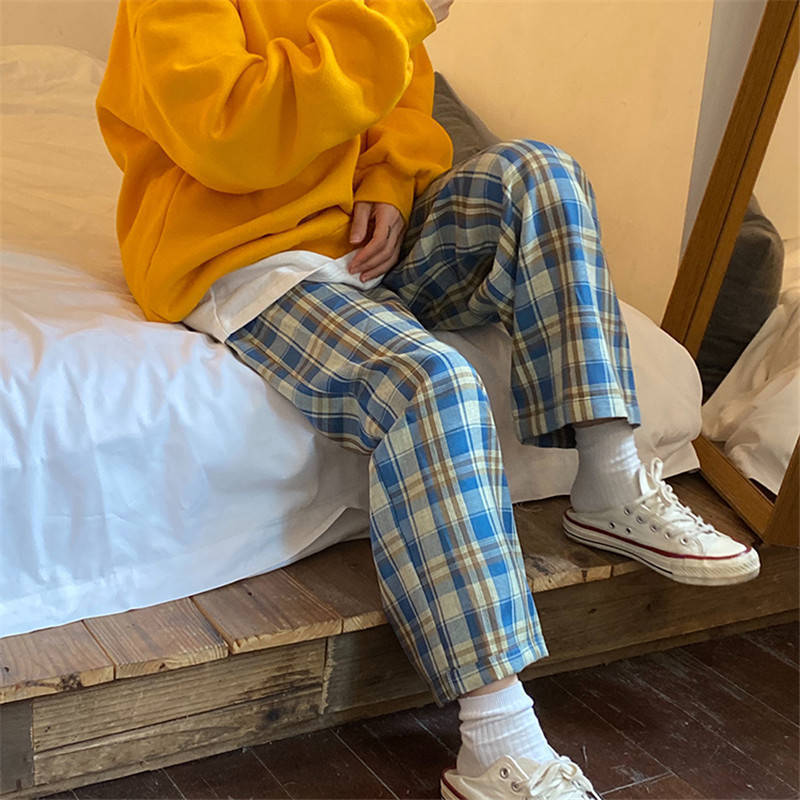 Plaid Pants Women Autumn Wide Leg Pants for Women Korean Style High Waist Checkered Pants Oversize Trousers Women Harajuku 201103