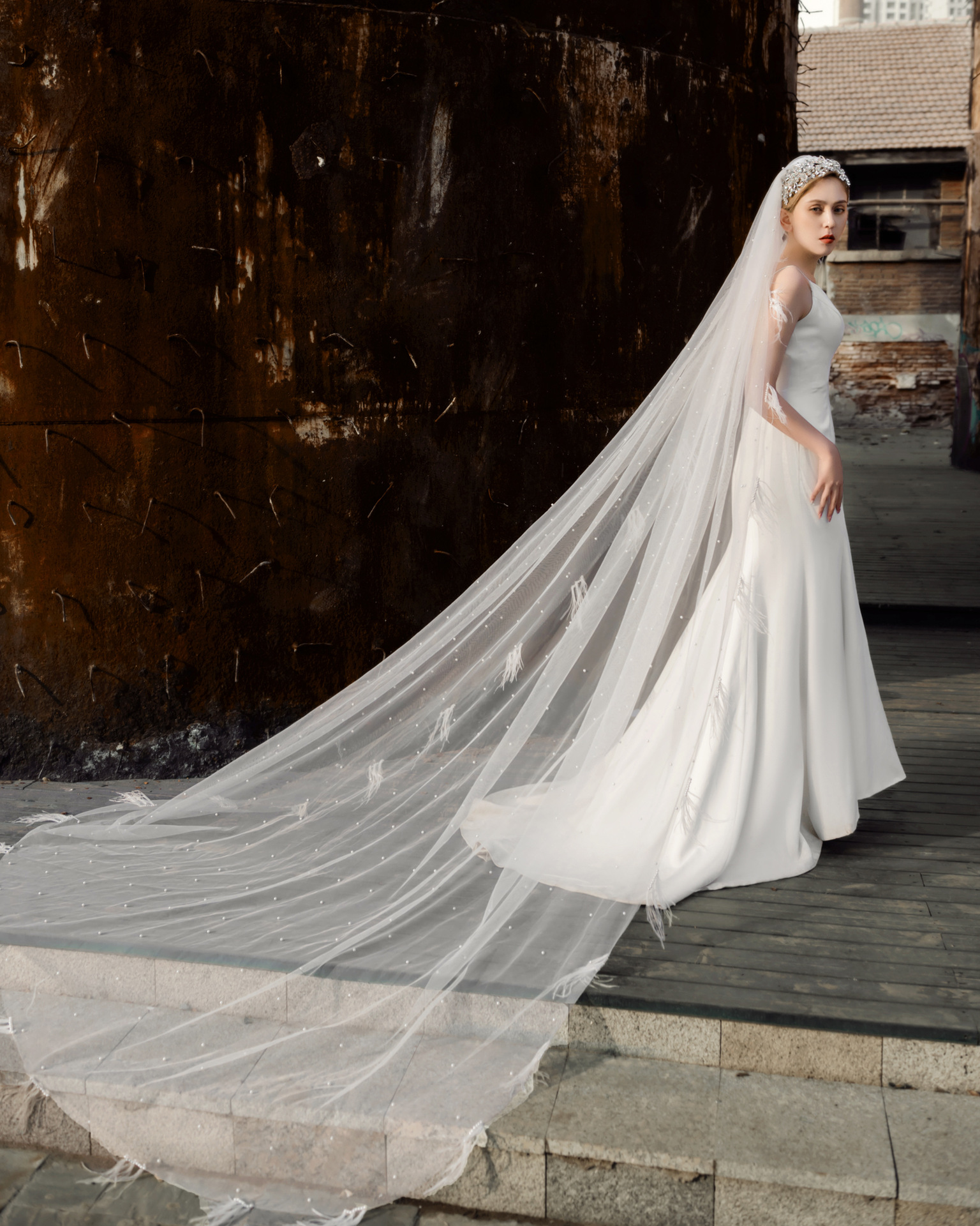 Wedding Veils Lace Appliqued Oner Layer 3 meter Custom Made Applique Race Feather Pearl Veils with Comb Bride Bridal Accessories