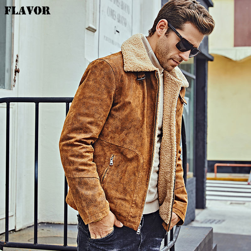 FLAVOR Men's Genuine Leather Motorcycle Jacket Pigskin with Faux Shearling Real Leather Jacket Bomber Coat Men 201127