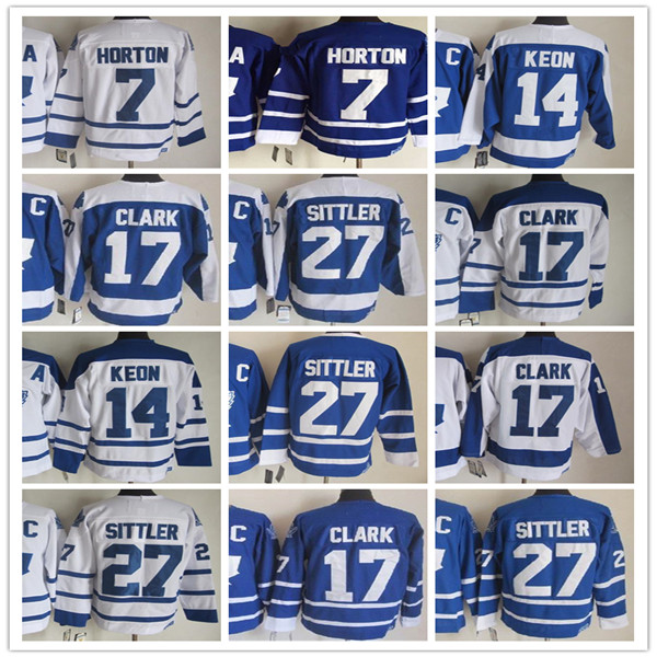 Men Vintage Toronto Hockey CCM Retro Jerseys 17 Wendel Clark 27 Darryl Sittler 14 Dave Keon 7 Tim Horton 1 Johnny Bower Stitched Blue White Alternate