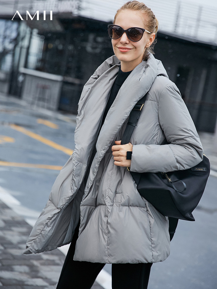 Amii Winter Women 90% White Duck Down Coat Female Casual Solid Loose Thick Hooded Jackets 11960124 201029