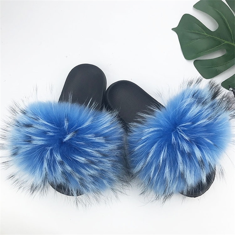Real Raccoon Fur Slippers Women Sliders Casual Fox Hair Flat Fluffy Fashion Home Summer Big Size 45 Furry Flip Flops Shoes Y200423