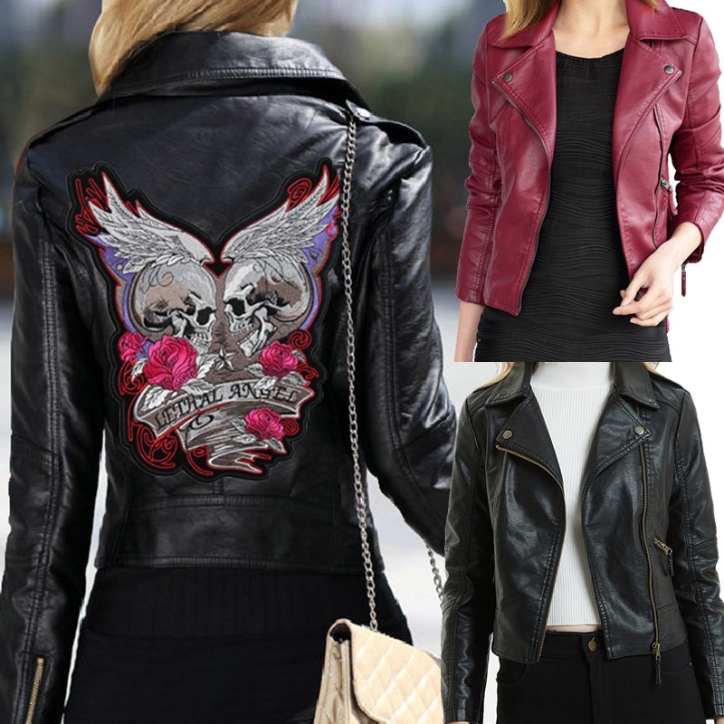 Women Embroidery Leather Jackets Winter Slim Motorcycle Bomber Skull Jacket Coats Black Wine Red 201030