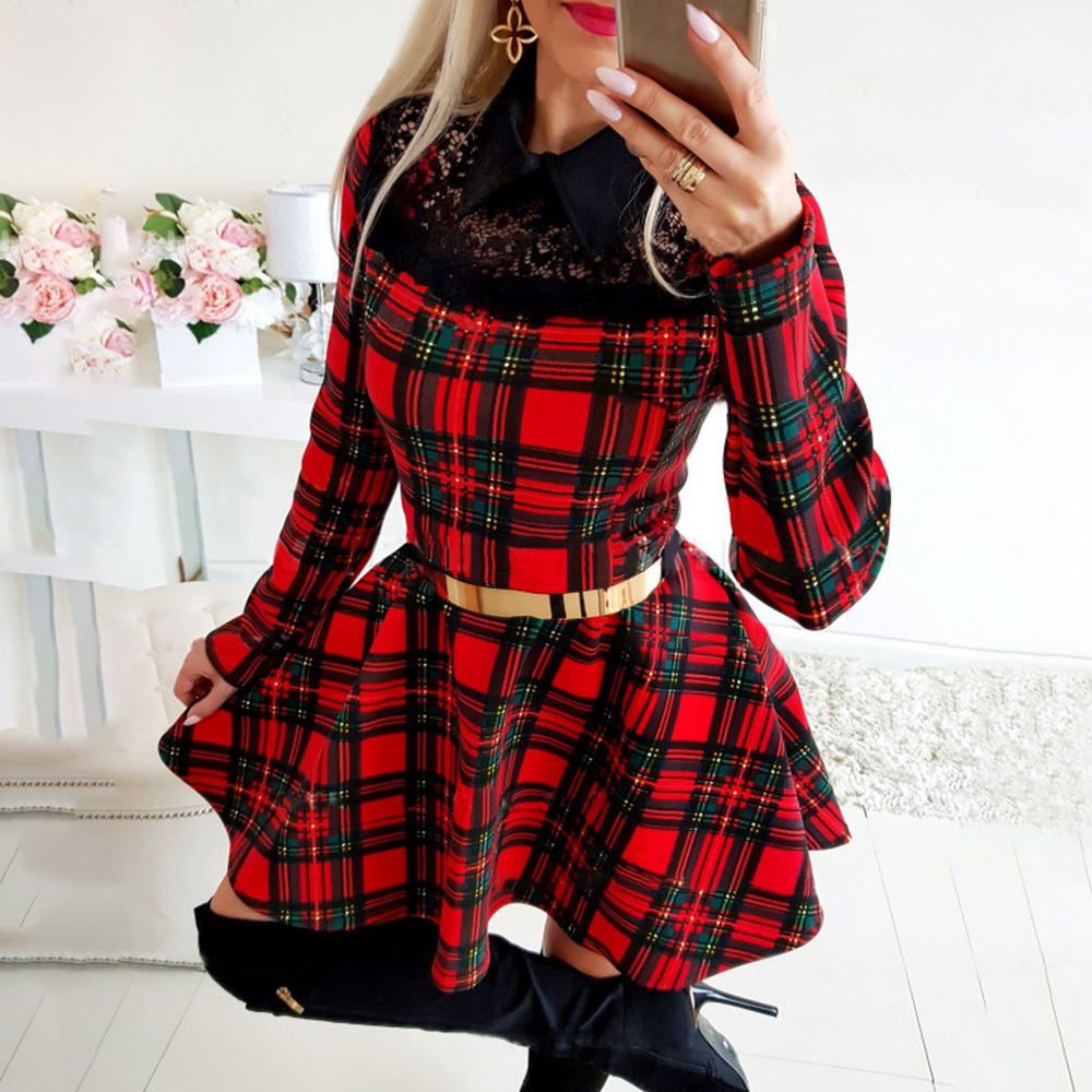 Christmas Dress For Women Winter Xmas Red Plaid Dress Long Sleeve Scottish Plaid Slim Dress Plaid Mini Party Dresses D30 201125