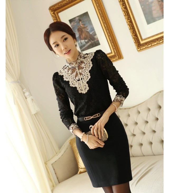 Wholesale-New Autumn Long Sleeve Beading Blouse Women Elegant Lace Hollow Blouse Plus Size Ladies Office Shirts Blusas Femininas