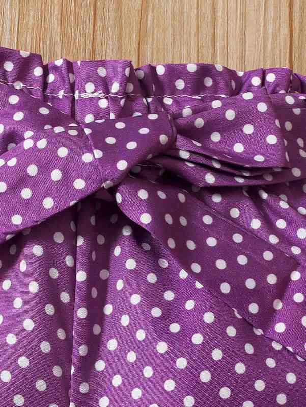 Baby Slogan Graphic Ruffle Trim Bodysuit & Polka Dot Belted Shorts With Headband SHE