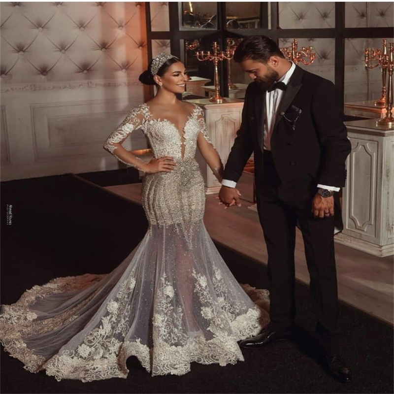 Luxury Mermaid Wedding Dresses Arabic Dubai Beads Appliqued Lace Chapel Bridal Gown With Detachable Train Long Sleeves Vestidos De Novia