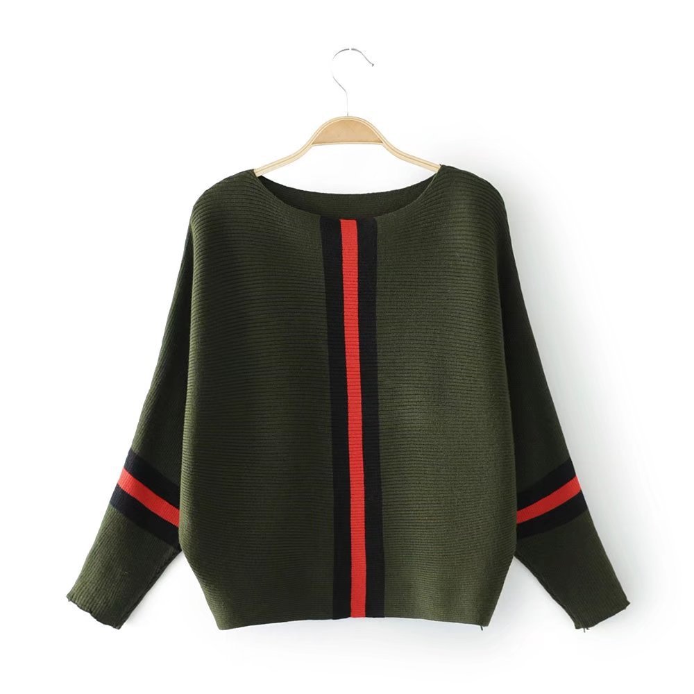 autumn vertical stripe contrast loose pullover sweater women short bat sleeve sweater 201221