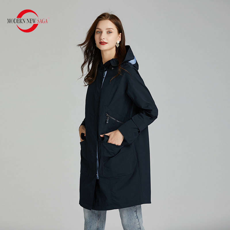 MODERN NEW SAGA Women Trench Coat Spring Fashion Long Coat Hooded Woman Coats Autumn Windbreaker Trench Femme Russian Size 201111