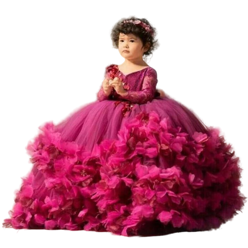 Puffy Ball Gown 3D Floral Flower Girls Dresses Floor Length 2022 V-neck Lace Long Sleeve Tulle Kids Communion Gowns Christening Wedding Party Dress Pr