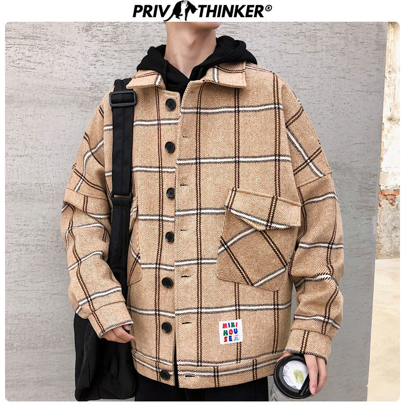 Privathinker Korean Men Plaid Jackets 2020 New Man Casual Loose Coats Streetwear Man Woolen Jackets 3XL Male Clothes T200502