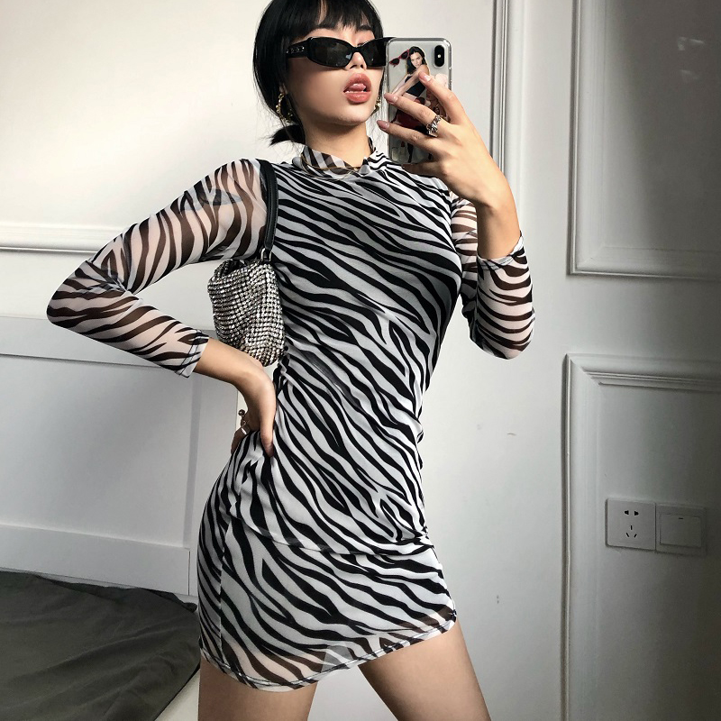 

Casual dress Zebra Print Mesh Patchwork Long Sleeve Bodycon 2020 Sexy Mini Dress Autumn Winter Women Fashion Streetwear Outfits, Black