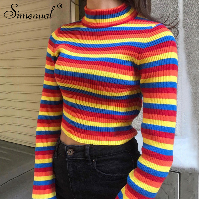 Simenual Rainbow stripes sweater jumper knitwear fashion slim sexy women's turtlenecks sweaters and pullovers colorful pull T200319