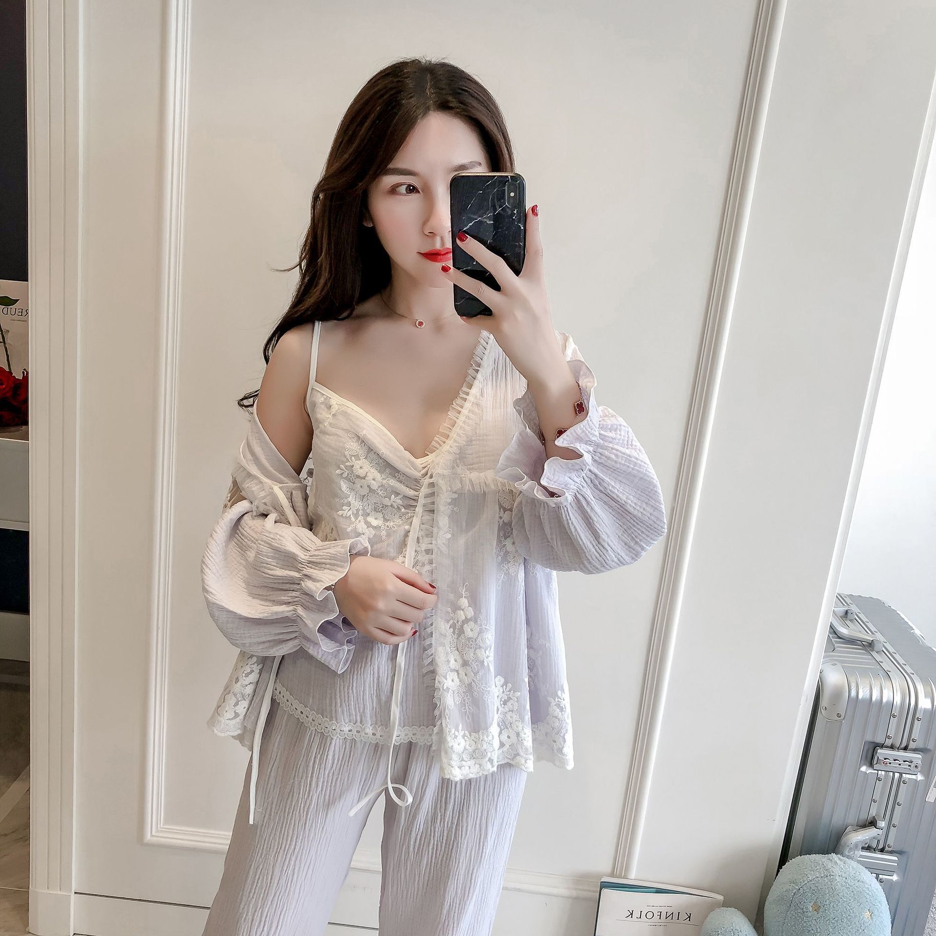Pajamas Women Pajamas Set 3 pcs Cotton Lace Pajamas set Long sleeve Sleepwear White Pink Green Pruple 201027wtt