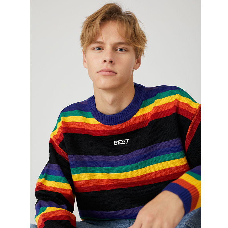 Harajuku Retro Rainbow Knitted Striped Sweater Mens Hip Hop Pullover Sweater Streetwear Male Fashion Autumn Sweater Cotton 201118