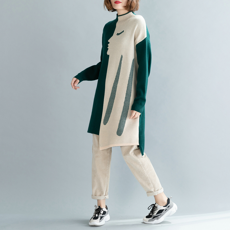 Plus Size Knitted Vintage Women Dress Turtleneck Long Sleeve Oversized Loose Casual Vestidos Autumn Winter Sweater Dresses 200928