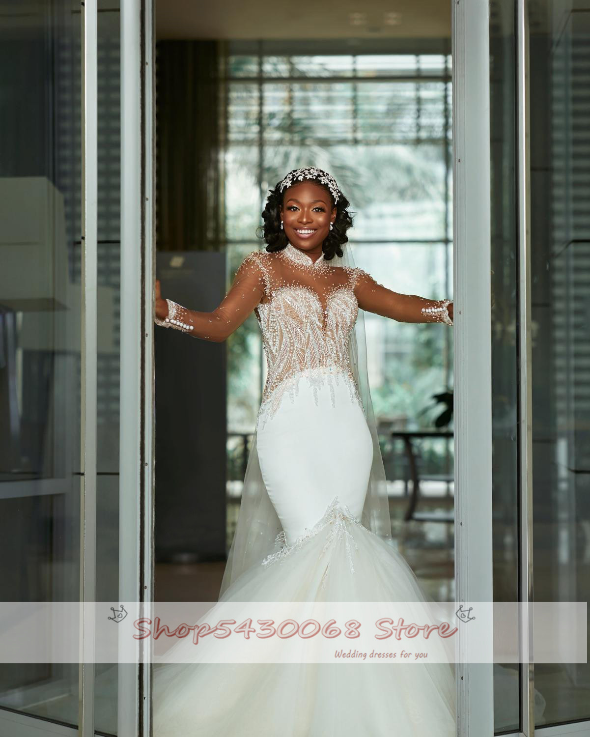 2021 New Fashion Mermaid Wedding Dresses High Neck Long Sleeve Sweep Train Beads Women Bridal Gowns vestidos de novia