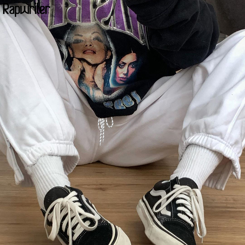 Streetwear Drawstring Embroidery Side Zipper White Sweatpants Joggers Women Harajuku Wide Trousers Hip Hop y2k Pants Capris 201112