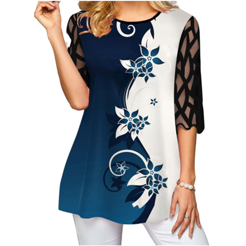 Organza Patchwork Long Shirt Print Women Floral Tshirts Plus Size 3XL 4XL 5XL Top Ladies Elegant Office Shirts New Summer Tees T200516