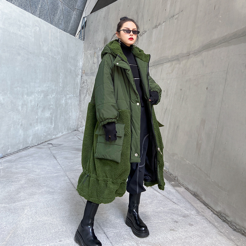[EAM] Lamb Wool big size Hooded Cotton-padded Coat Long Sleeve Loose Fit Women Parkas Fashion New Autumn Winter 1DD0972 201202