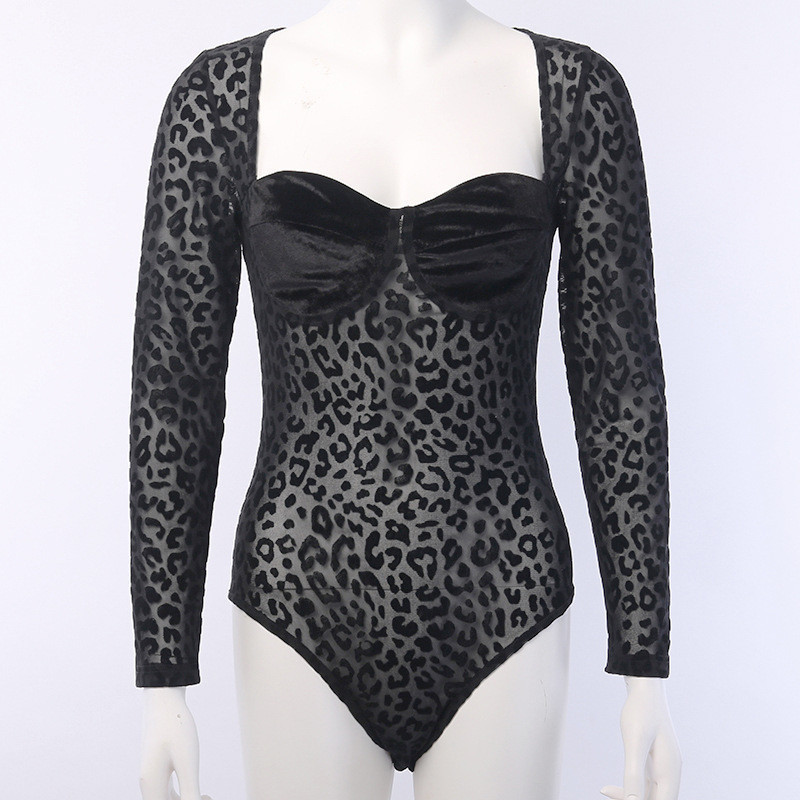 Nadafair Mesh Leopard Mesh Bodysuit Black Sexy Bodysuit For Women Square Collar Long Sleeve Bodysuits Body Female T200323