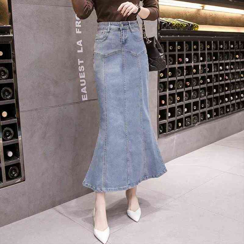 New Fish Tail Denim Skirt Women Mermaid Trumpet Long Skirt Ankle Length Buttons Empire High Waist Jeans No Stretch B92791