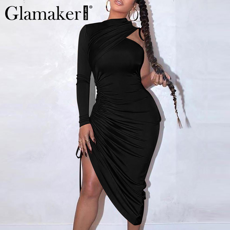 Glamaker Pleated high split sexy bodycon dress Women black long sleeve party night club dress Elegant midi autumn dress ladies LJ201202