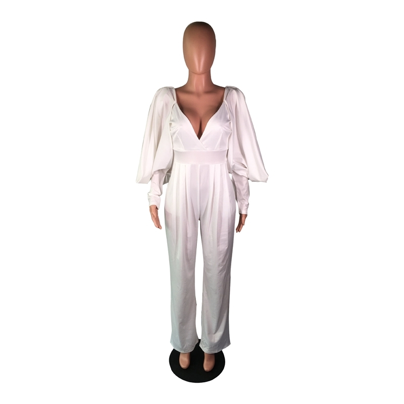 White Pink Elegant Wide Leg Women Jumpsuit Rompers Sexy V Neck Backless High Waist Long Sleeve Office Ladies Party Long Jumpsuit T200701
