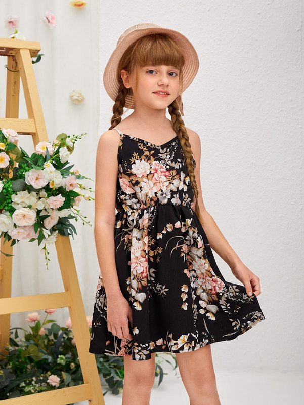 Girls High Waist Floral Print Cami Dress SHE