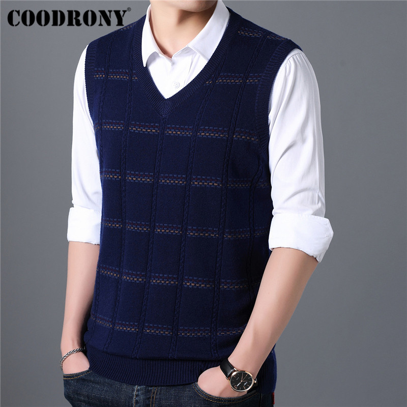 COODRONY Sweater Men Knitted Cashmere Wool Mens Sweaters Autumn Winter VNeck Sleeveless Vest Pull Homme pullover men 91019 201125