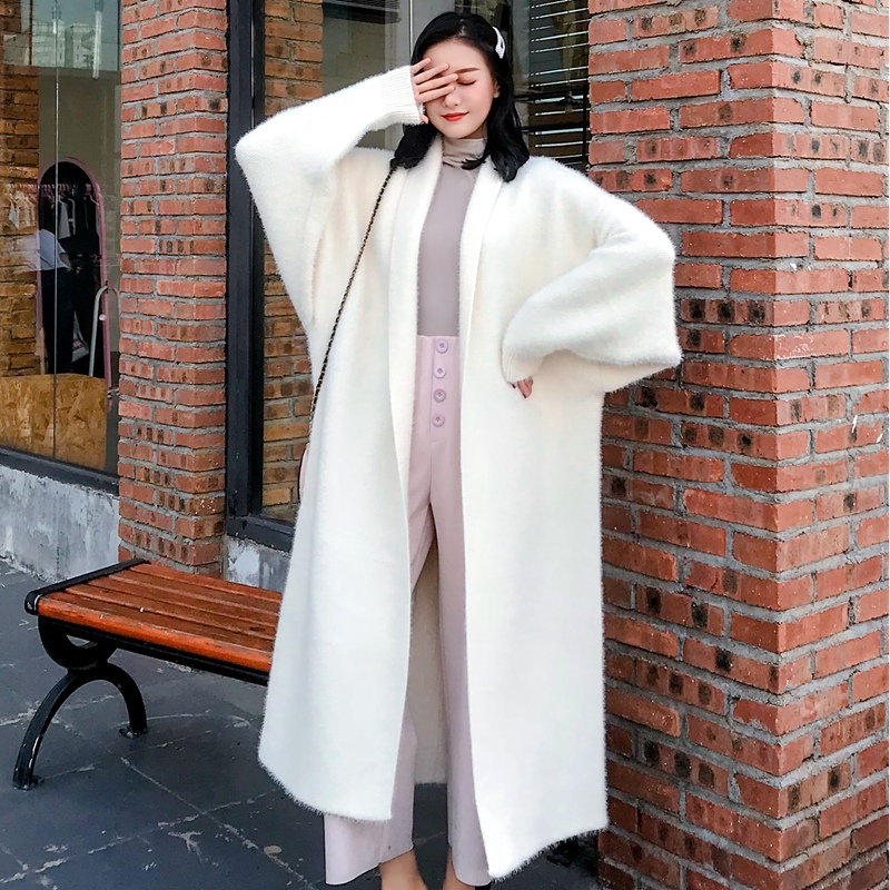 Autumn Winter Women Soft Cashmere Mink Long Sweater Fashion Loose Casual Oversized Cardigan Thick Warm Wool Knitted Coats 200930