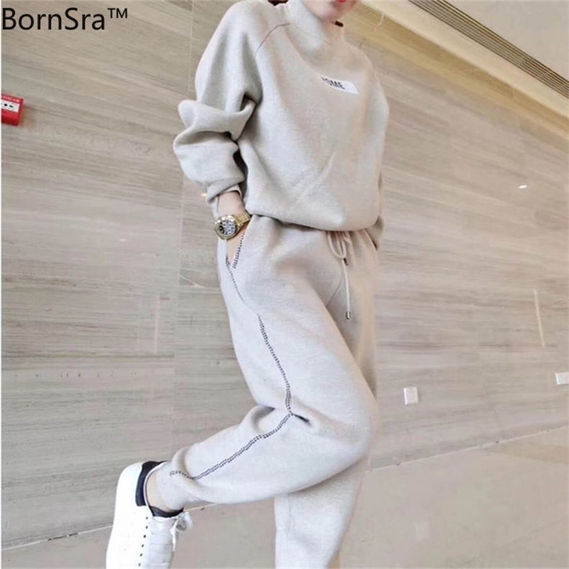 BornSra Spring New Women Fashion Cashmere Knitted Sweater Sets Sportswear Long-sleeved Trousers Two-piece Sets Tracksuit 201120