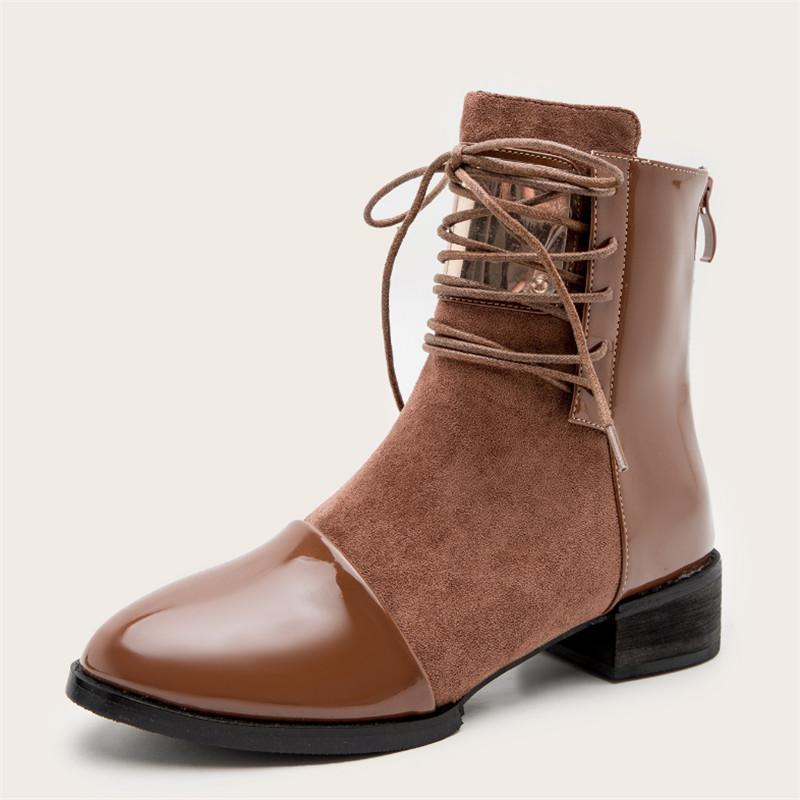 Women Boots Genuine Leather Flat Ankle Boots Womens Motorcycle Autumn Shoes Women Winter Patent leather, Black