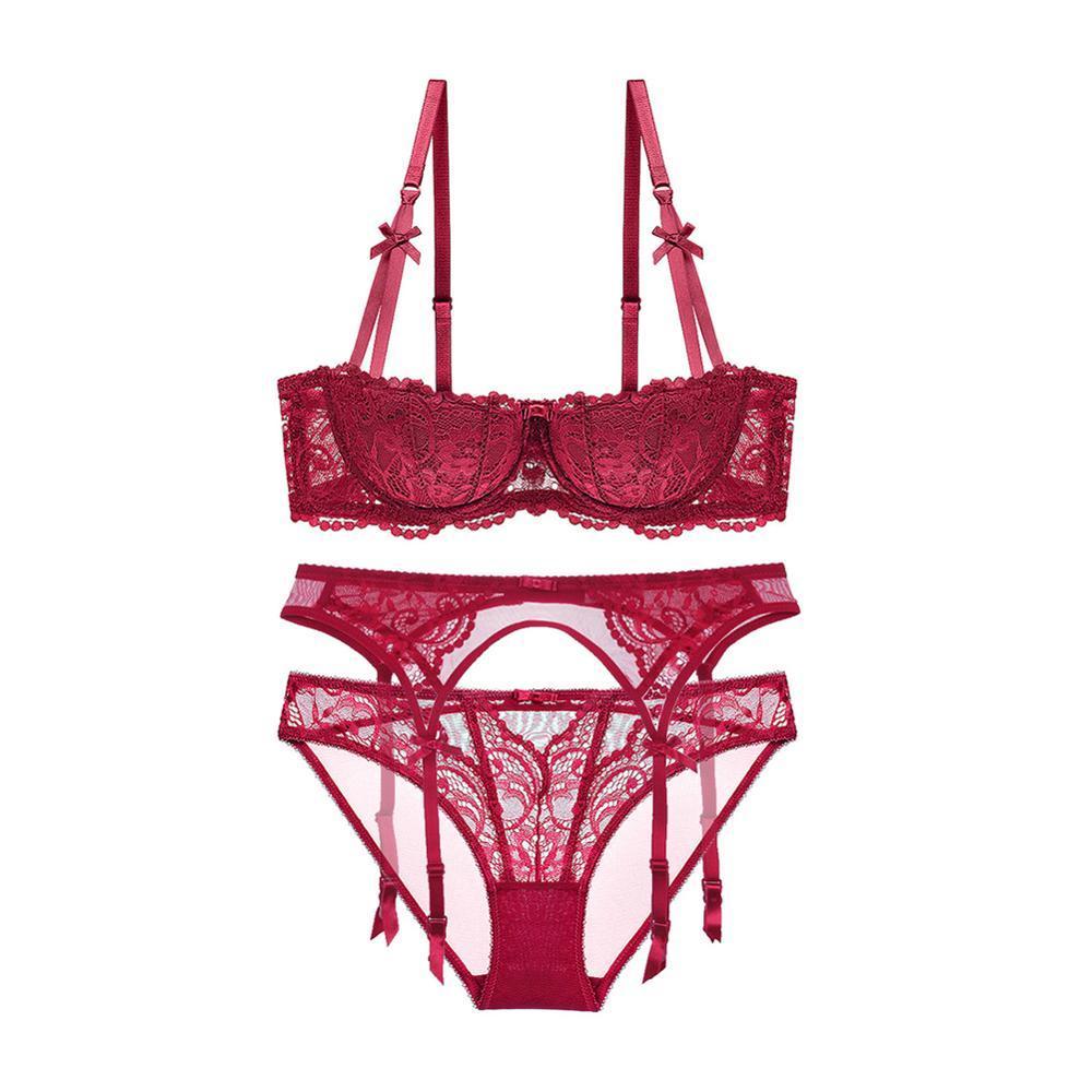 CYHWR women sexy bra set intimates embroidery half cup lingerie thin temptation black bra and panty with Garters Sets 3pcs/Lot 201202