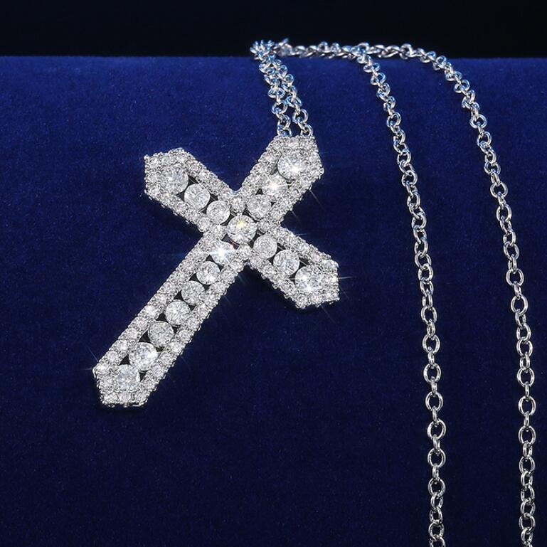 Unique Hip Hop Sterg Sier Cross Pendant Topaz Necklace for Men Women
