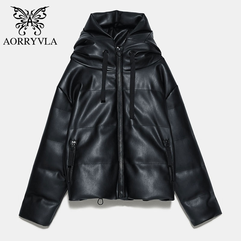 AORRYVLA Women's Winter Jacket Black Hooded PU Leather Coats Short Length Zipper Famale Casual Cotton Parkas 201020