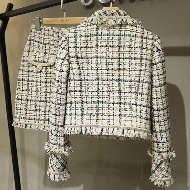 BLLOCUE Tweed Suit Set Winter Women Gold Double-breasted Short Jacket Coat+Tassel Mini Skirt Suit Wool 2PCS Clothing Set 201027