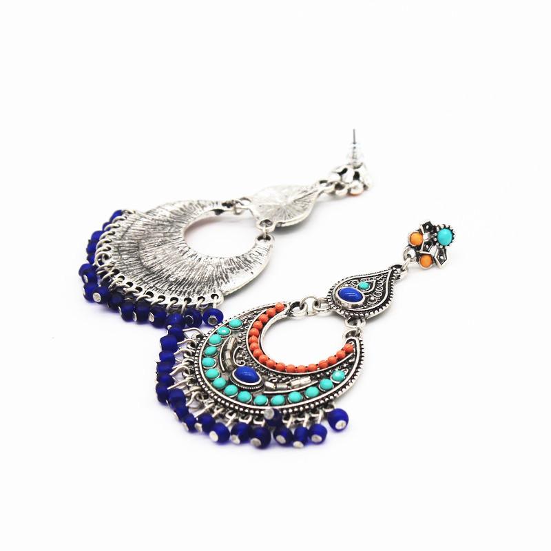Antique Silver Color Boho Multi Color Beads Gypsy Tribal Drop Earrings for Women Vintage Beads Tassel Earring Jewelry